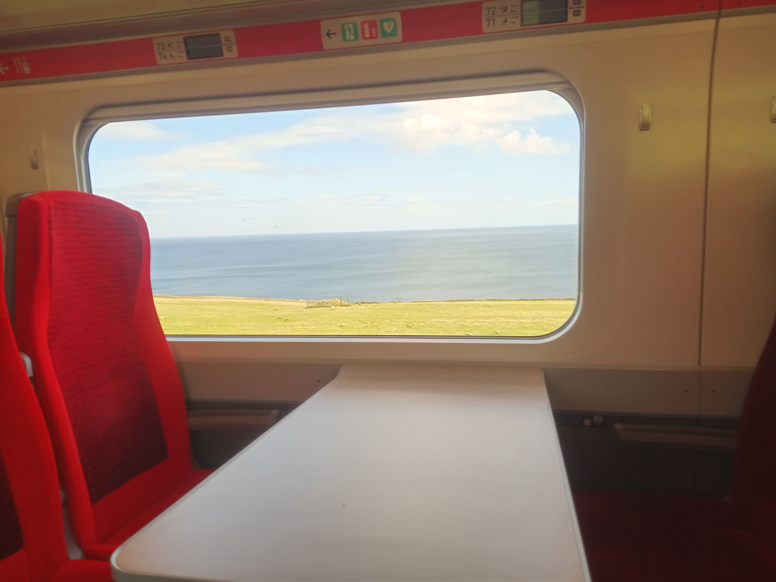 Seaside view from a window inside a railway train