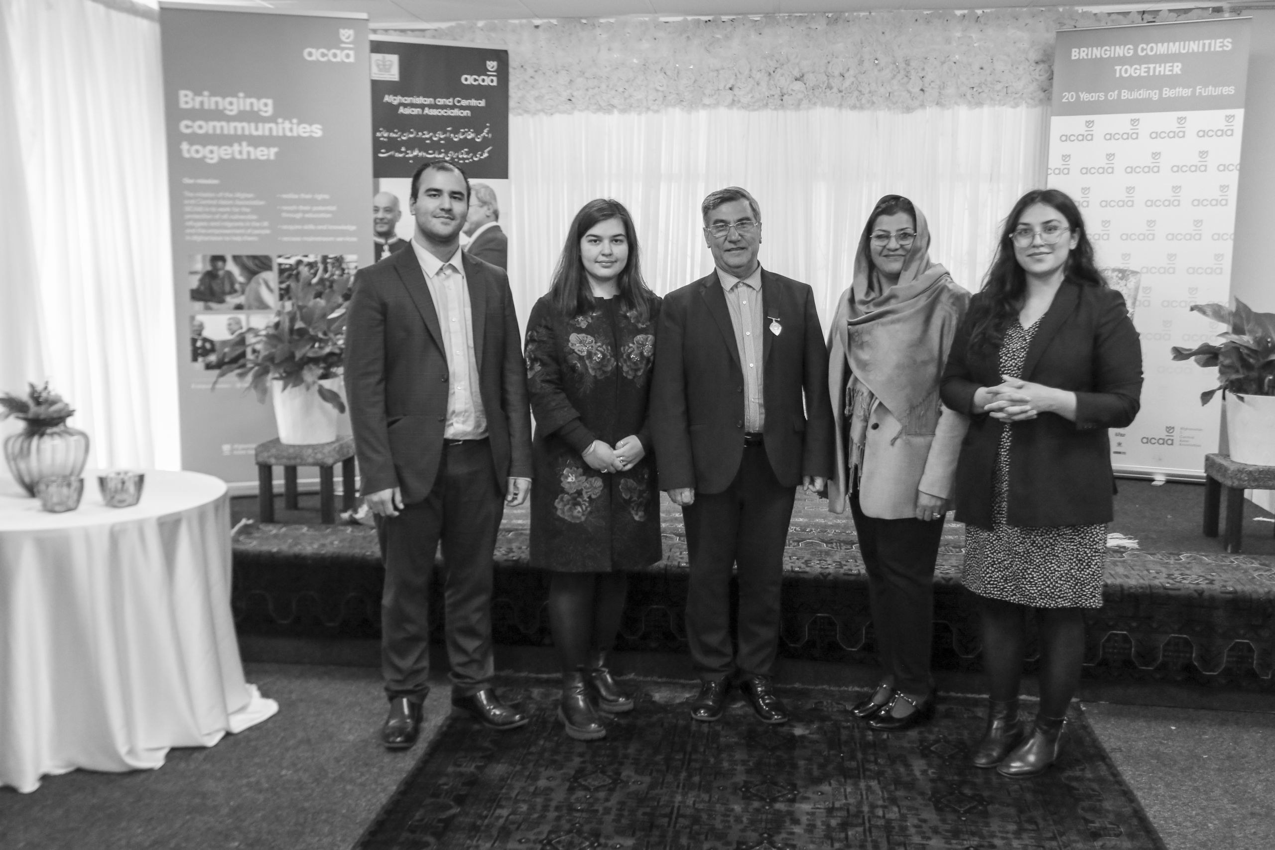 Members of the Nasimi family who fled the Taliban in 1999, pose at their Hounslow-based charity Afghanistan and Central Asian Association (ACAA). From left to right, Darius Nasimi, Shakiba Nasimi, Dr Nooralhaq Nasimi, Mrs Mahboba Nasimi, and Shabnam Nasimi.