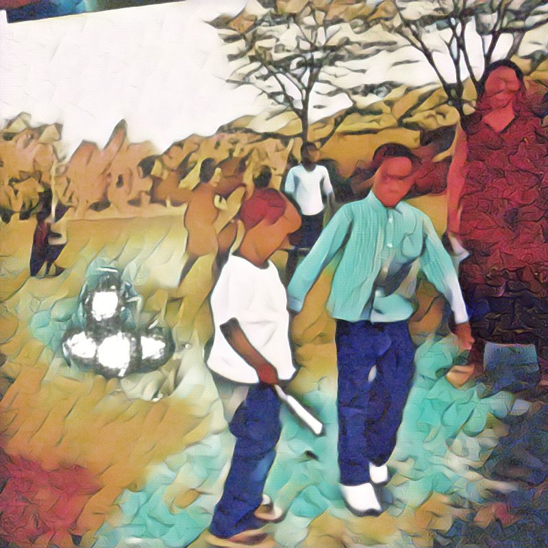 Decorative image: kids and adults on a village in a Zimbabwean landscape